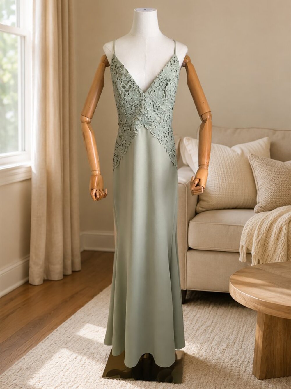 Sage Green Lace Maxi Dress Size L Formal Evening Gown Wedding Guest Bridesmaid - Picture 16 of 16